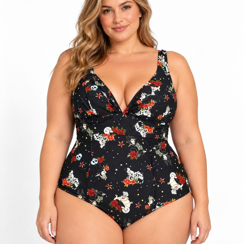 Torrid Disney Villains Tattoo Print One Piece Swimsuit Black Plus Size 3 NWT